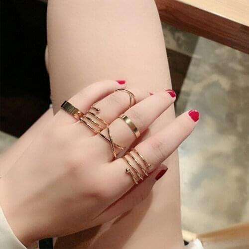6PCS Minimalist Gold Sliver Rings Set for Women Punk Geometric Crystal Round Twist Knuckle Ring Female Fashion Finger Jewelry