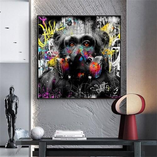 Watercolor Graffiti Art Posters and Prints Wall Art Canvas Painting Abstract Monkey with Mask Picture for Kids Room Decoration