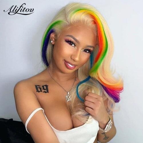 ALIFITOV 613 Rainbow Lace Front Wigs Short Bob Colored Human Hair Wig Remy Hair Transparent Lace Wigs With Baby Hair For Women