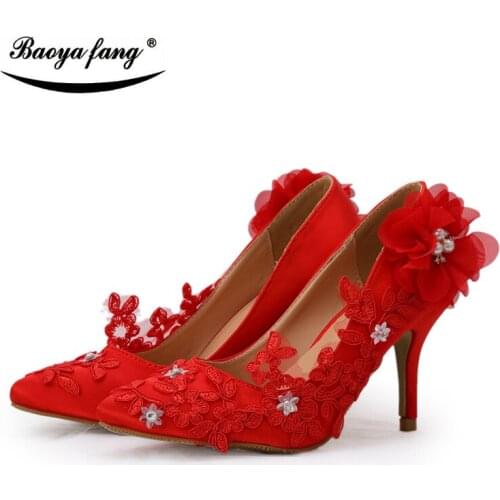 BaoYaFang Red flower Womens wedding shoes pointed toe woman shoes 8cm thin heel female shoes ladies party dress shoes