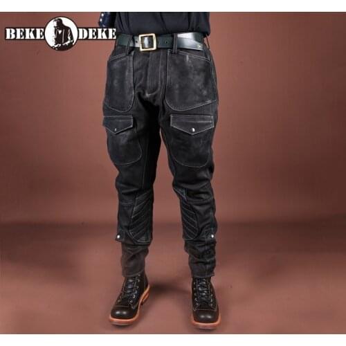 Spring Autumn Men Real Leather Biker Pants Designer Punk Solid Black Riding Trousers Streetwear Multi-Pockets Cargo Pants S-2XL