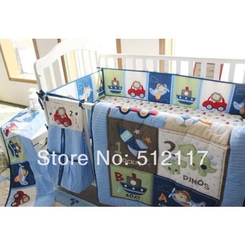 Hot sell 2014 New Blue Cars Airplan Boy Baby Crib Cot Bedding Set 5 items Including Comforter Bumper Fitted Sheet