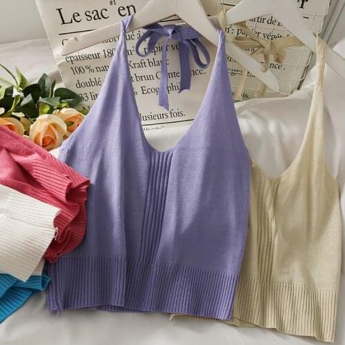 HELIAR Women V-Neck Ribbed Knitted Crop Tops Women Plain Tops Halter O-neck Crop Tops For Women 2021 Summer