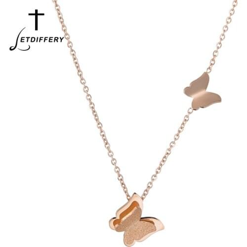 Letdiffery Frosted Double Butterfly Necklace Rose Gold Stainless Steel Women Choker Fashion Pendant Statement Jewelry Femme