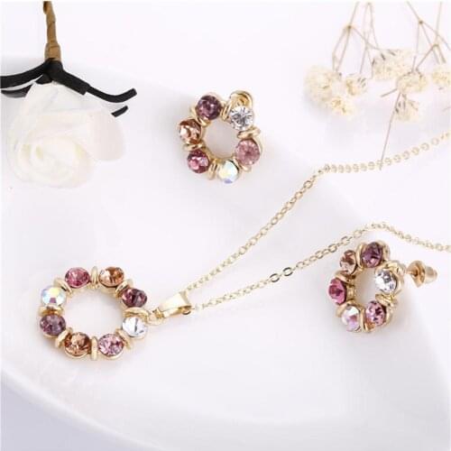 Women Circle Jewelry Set Colorful Treasure European and American Style Jewelry Ring Necklace Earrings Two-Piece Set