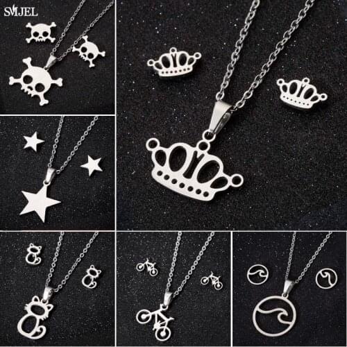 New Stainless Steel Pendant Necklace Sets For Women Gold Color Chain Necklace Earrings Crown Cat Skull Star Wave bicycle Jewelry