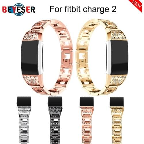Crystal Stainless Steel Watch Band Wrist strap Smart Wristband Bracelet Wearable Belt Strap with Rhinestone For Fitbit charge 2