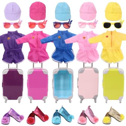 Doll Clothes 5Items/Lot +Sports Coat Shorts +4 Accessories Glasses Suitcase Shoes Fit 18 Inch American &43 Cm Born Baby Girl Toy