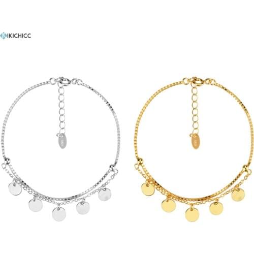 Kikichicc 100% 925 Sterling Silver Gold Double Chain Coins Charms Bracelet Luxury Pendant Circle Women Fashion Fine Jewelry