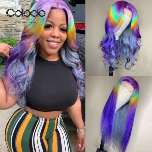 Pre Plucked Ombre Human Hair Wig Purple Rainbow Lace Front Human Hair Wigs With Baby Hair Transparent Lace Wigs COLODO