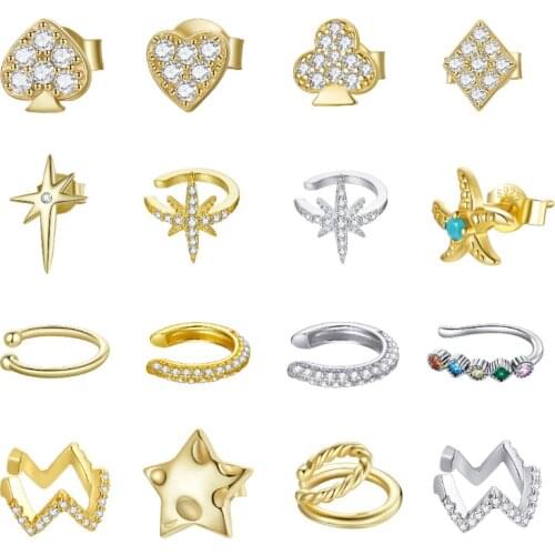 BISAER 1pcs Ear Clip 925 Sterling Silver Stud Earrings Golden Heart Star Moon Piercing Earrings For Women Fine Jewelry ECE1053