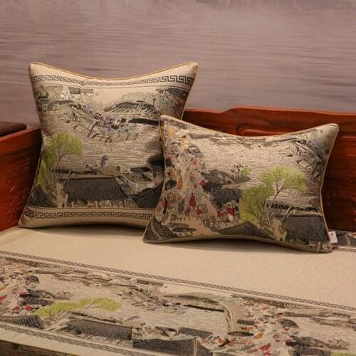 Light Luxury Jacquard Cushion Cover New Chinese Embroidery Historic Street Scene Decorative Pillows Home Decor Sofa Pillowcase