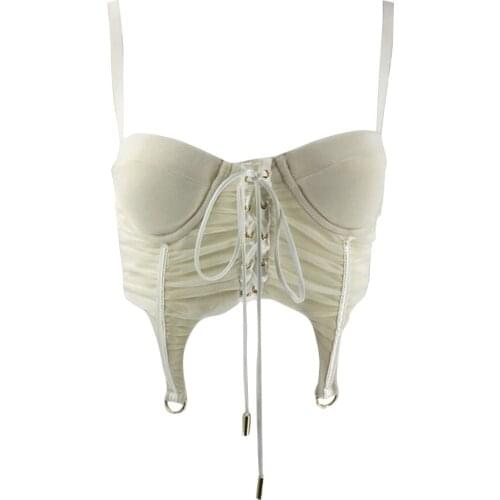 Women Sexy Mesh Tank Top, Adults Sleeveless Lace Up Solid Color Spaghetti Strap Crop Top Mesh Strappy Umbilical Camisole