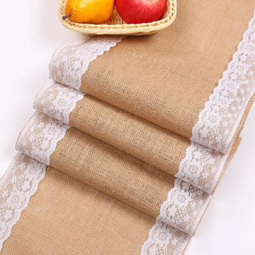 Vintage Retro Burlap Linen Jute Table Runner Event Party Wedding Table Cloth Tablecloth Christmas White Lace Table Runner