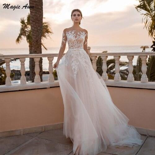 Magic Awn Light Pink Boho Wedding Dresses 2021 Lace Appliques Illusion Princess Beach A-Line Bridal Gowns With Sleeves Robes