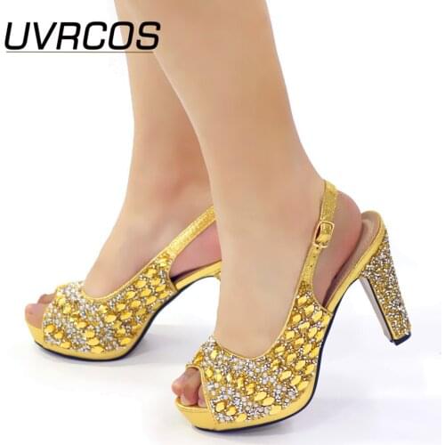High Quality INS Hot Selling Shoe Decorate with Rhinestone for Party African Lady Super High Heels in Golden Color For Wedding