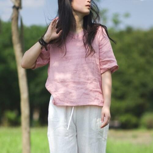 Women Loose Solid Color V Neck Blouse Ladies Vintage Linen Shirt Tops Female 2020 Flax Blouse Summer Autumn
