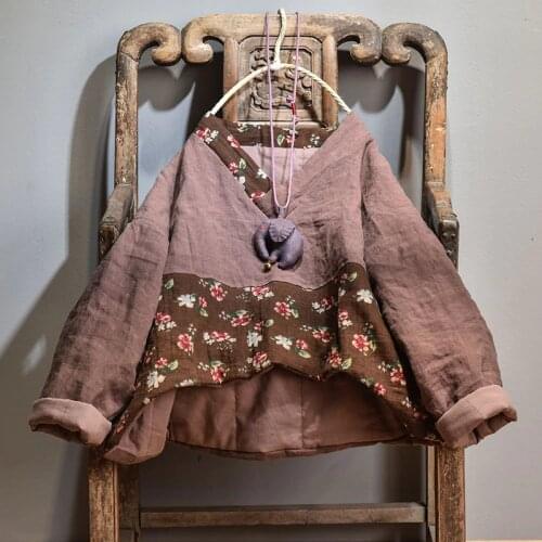 Women Loose Cotton Linen V Neck Patchwork Parkas Padded Tops Ladies Vintage Short Tops Outerwear Female 2020 Autumn Winter Coat