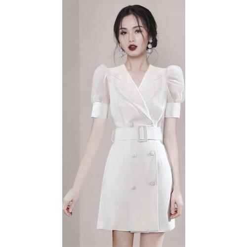 High-end Elegant Double Breasted Women Dress Korean Summer Chic Office Slim Professional Dresses Simple White Work Vestidos 2021