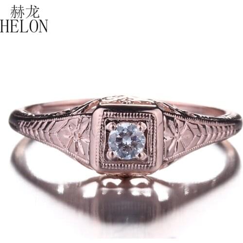 HELON Solid 14k 585 Rose Gold 3mm Round 0.1ct Moissanite Diamond Engagement Wedding Ring Women Antique Vintage Art style Jewelry
