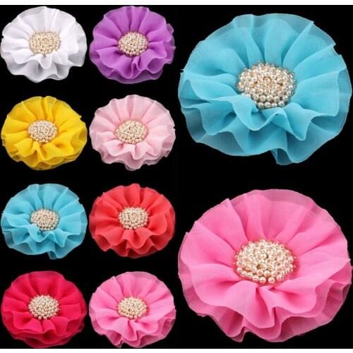 120pcs/lot 4" 15colors Big Ruffled Chiffon Flower+Pearl Centre For Kids Hair Accessories Fabric Flowers Hair Clip For Headbands