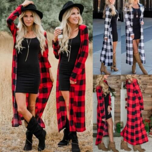 2021 Auutmn Women NEW Fashion Long Length Coat Jacket Long Sleeve Top Casual Plaid Cardigan Outwear Spring Fall Red Black
