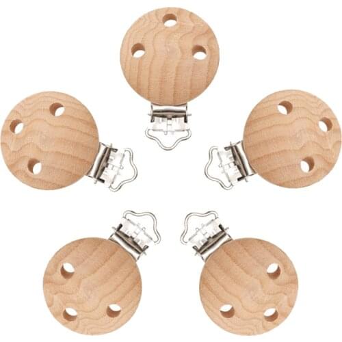 Mabochewing 5pcs 30mm 35mm Powerful Beech Wooden Clip Round Dummy Clip Baby Teething Pacifier Chain Holder Making