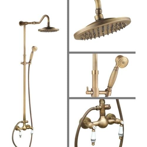 Antique Brass Wall Mounted Bathroom Rain Shower Faucet Shower Head Set Mixer Tap Dual Ceramic Handles Levers man503