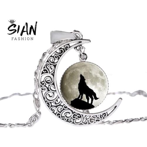 SIAN Vintage Wolf & Full Moon Chain Necklace Wicca Animal Power Norse Viking Amulet Pendant Necklace Men Jewelry Nordic Talisman