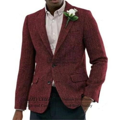 Formal Burgundy Wool Tweed Suits Men Herringbone Suits For Winter Wedding Groom Tuxedo 2 Piece (Jacket + Pants) 2021