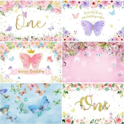 Purple Butterfly Birthday Backdrop Pink Floral Spring Photo Background 1st Birthday Party Decoration Baby Shower Decoration