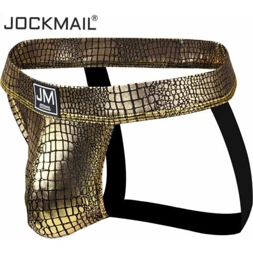 Jockmail Sexy Men Underwear Jockstrap Snakeskin Leather Male Thongs and G Strings Cuecas Gay Men Underwear Penis Cockring Hot