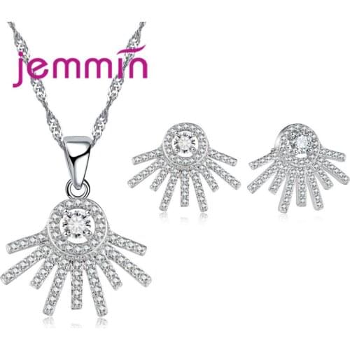 Fashion Jewelry Set 925 Sterling Silver Pendant Necklace & Stud Earrings Flower Drop Shiny Jewelry Set