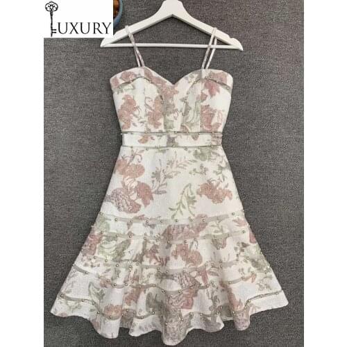 Cute 2020 Summer Sweet Sexy Club Ladies Spaghetti Strap Vintage Jacquard Print Golden Beading Studs Deco Sleeveless Dress