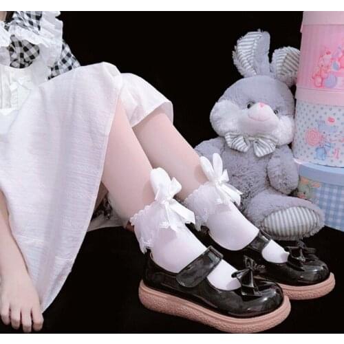 Japanese Sweet candy Lolita Kawaii Cotton Crew Socks Plush Rabbit Bunny Ears Lace Bowknot Student School Mid Tube Hosiery for