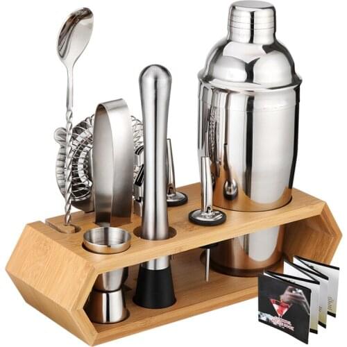 10 Pcs Cocktail Shaker Set Jigger Mixing Spoon Tong Barware Bartender Tools with Wood Storage Stand Bars Mixed Drinks