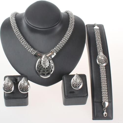 Jewelry Set For Women Silver Plated Beads Collar Necklace Earrings Bracelet Fine Rings Sets Party Costume Latest Fashion Trendy