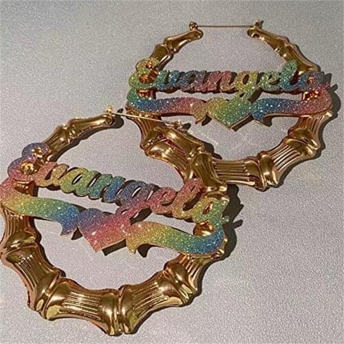 Noelia Frosted Custom Name Earring Bamboo Earring Personalized Gold Plated Name Bamboo Hoops for Girls Women Jewelry Gift