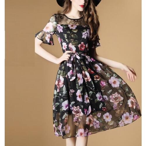 2017 Newest A-line woman dress half sleeve print chiffon dress round neck A-line dress for summer woman dress free shipping