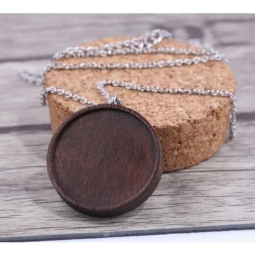 Onwear 5pcs fit 25mm cabochon wood pendant base settngs diy blank necklace trays with stainless steel chain for jewelry making