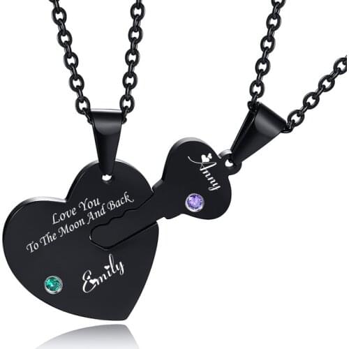 Stainless Steel Personalized Key Heart Puzzle Necklace Set Birthstones Custom Name Her His Couples Jewelry