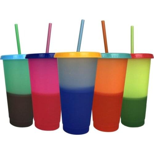 Plastic Temperature Color Change Water Cups Colorful Cold Water Color Changing Magical Coffee Cup Mug Water Bottles With Straws