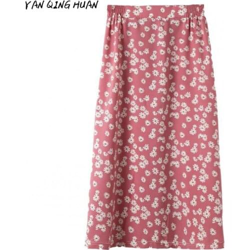 Casual Daisy Flower Print A-line Skirt All-match Summer Ladies Korean Style Skirts Street Clothing Elastic Waist Midi Skirt