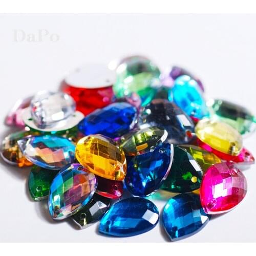 Clear White 10x14mm Teardrop Shape Flatback Two Hole Hand Sewing Rhinestones Crystal Sew-On Dress jewellery Acrylic Stone 100pcs
