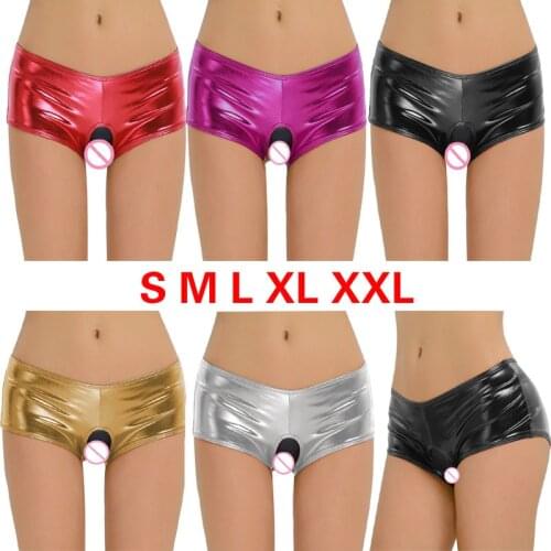 Shiny Candy Color Shorts Women Sexy Open Crotch Shorts Metallic Hollow Out Back Faux Leather Briefs Nightclub Pole Dance Costume