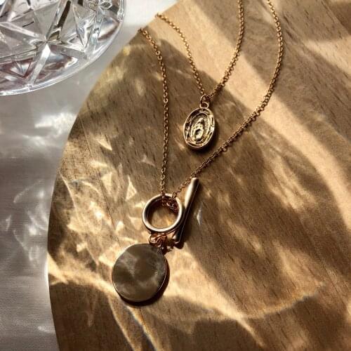 TRENDY GOLD COLOR PRAYER ROUND DISC PENDANT LAYERED NECKLACE FOR WOMEN