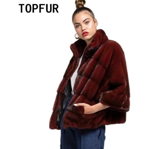 TOPFUR Natural Mink Fur Coat Real Fur Coat Red Wine Fur Jacket Woman Burgundy Jacket Mid-Sleeve Bat Coat Woman Plus Size Outwear