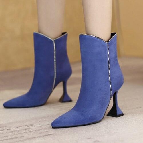 2021 Suede Women Boots Sexy Super High Heel Ankle Boots Pointed Toe Slip On Autumn Winter Woman Short Boots Shoes Black Blue