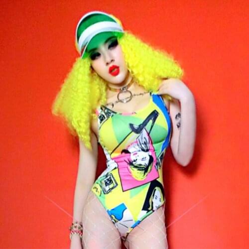 New Bar Party Ds Sexy Clothing Female Nightclub Party Show Wear Colorful Graffiti Swimsuit Bodysuit Stage Costume Women DNV13117