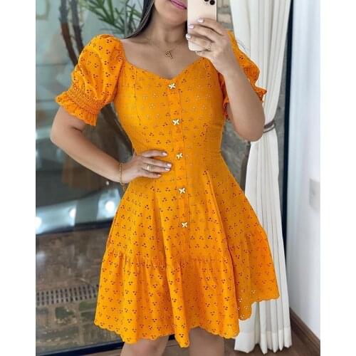 Womens 2021 new orange short-sleeved waist cut-out dress